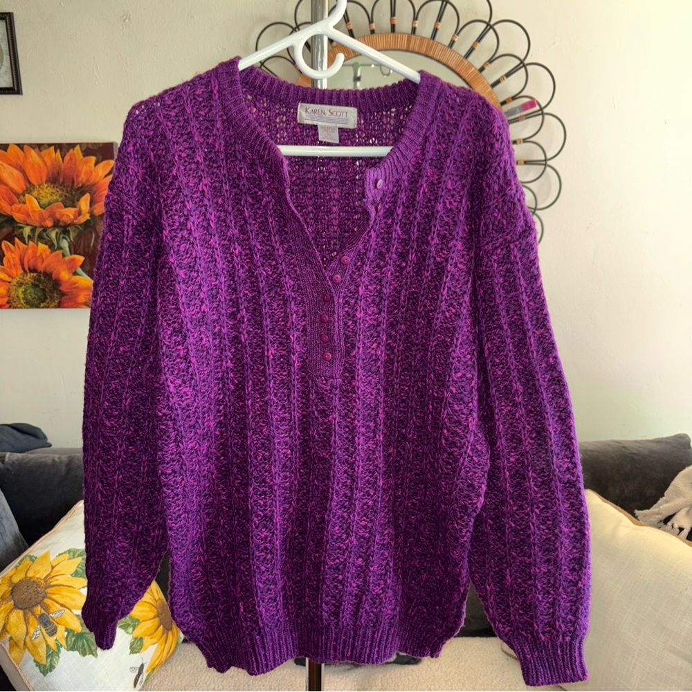 Chunky Knit Fisherman Henley Purple Pink Speckle Sweater Vintage Size L